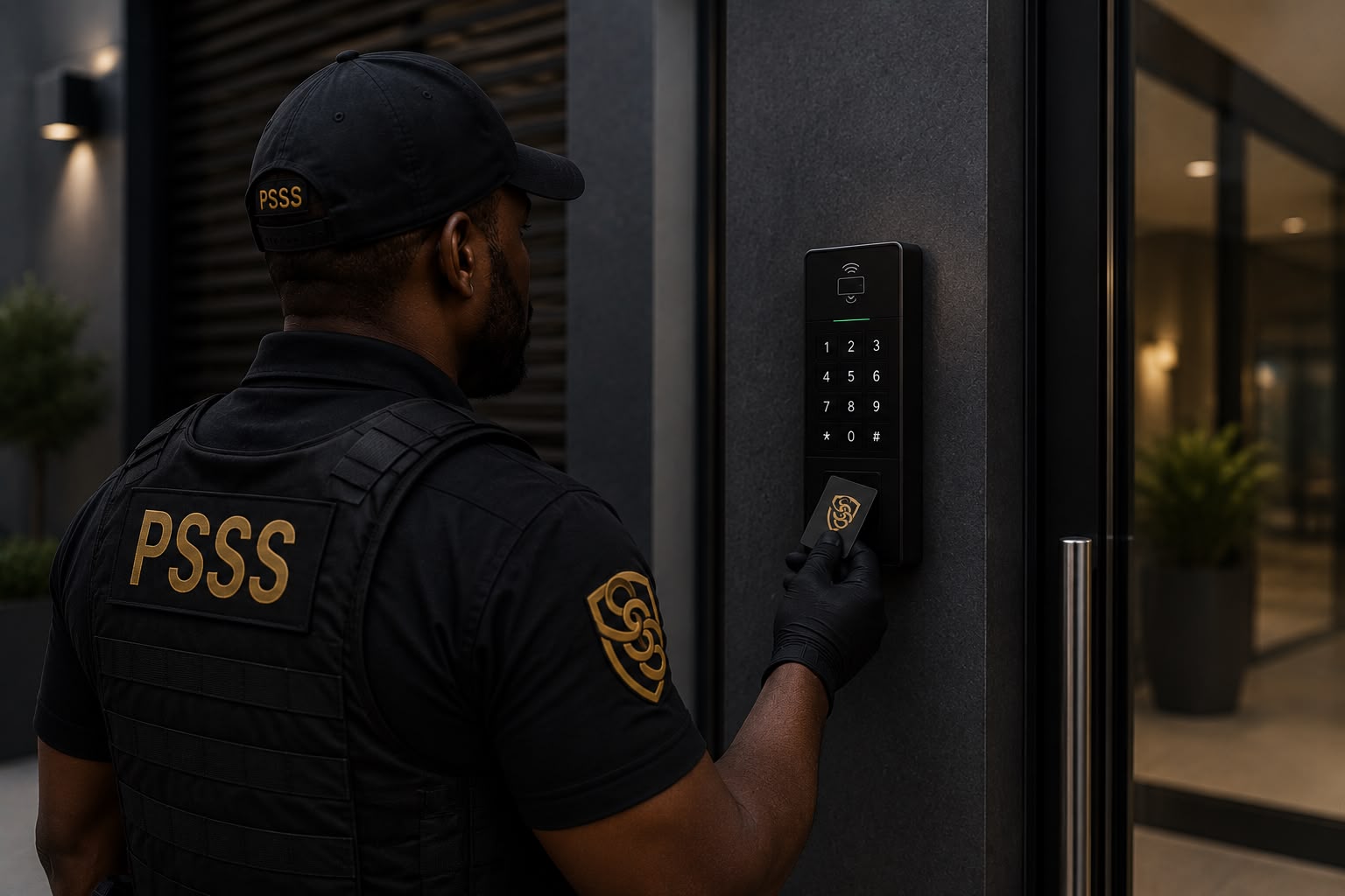 PSSS officer presenting an access card at a keypad reader