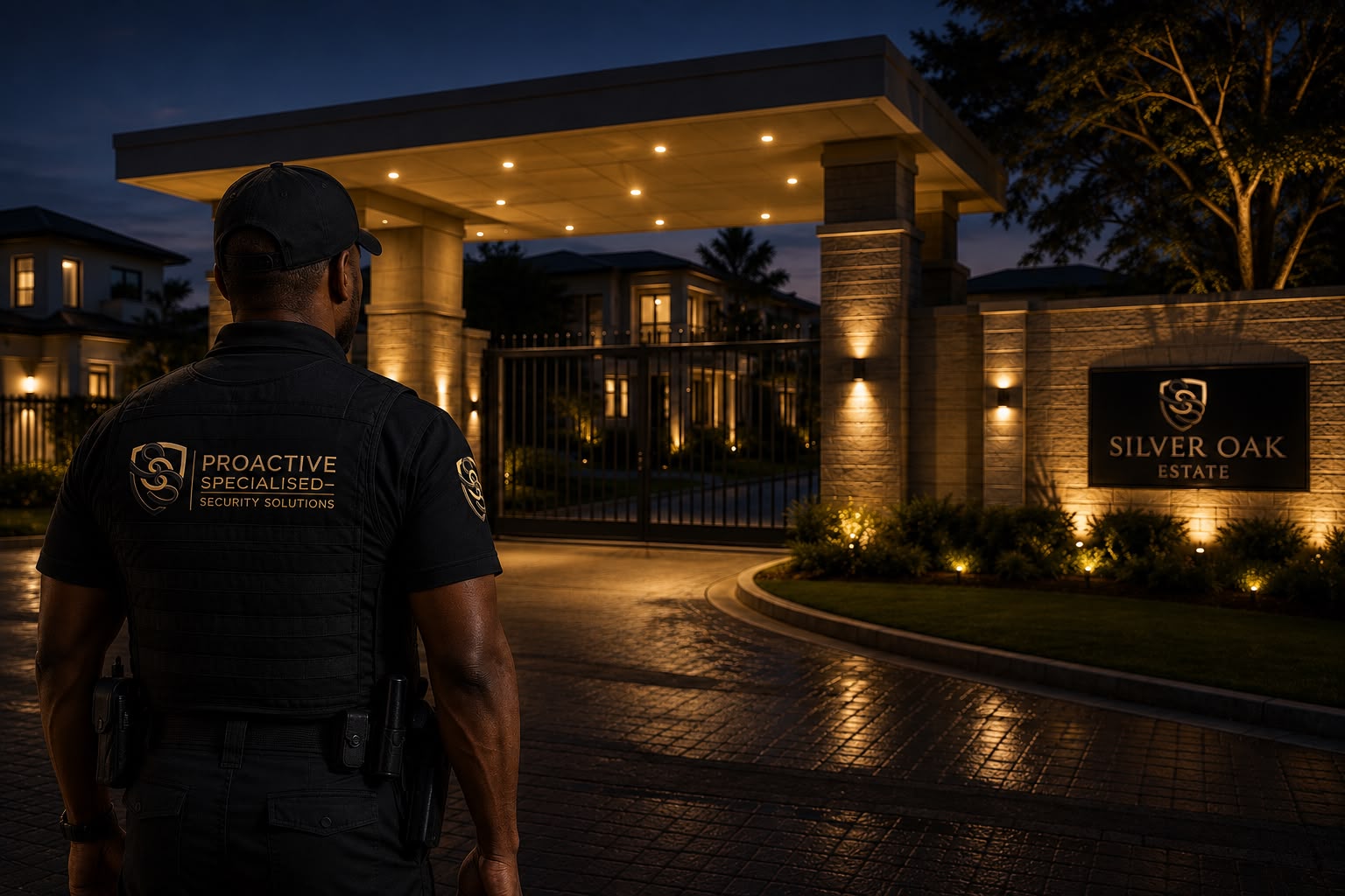 PSSS officer on guard at the entrance of Silver Oak Estate at night